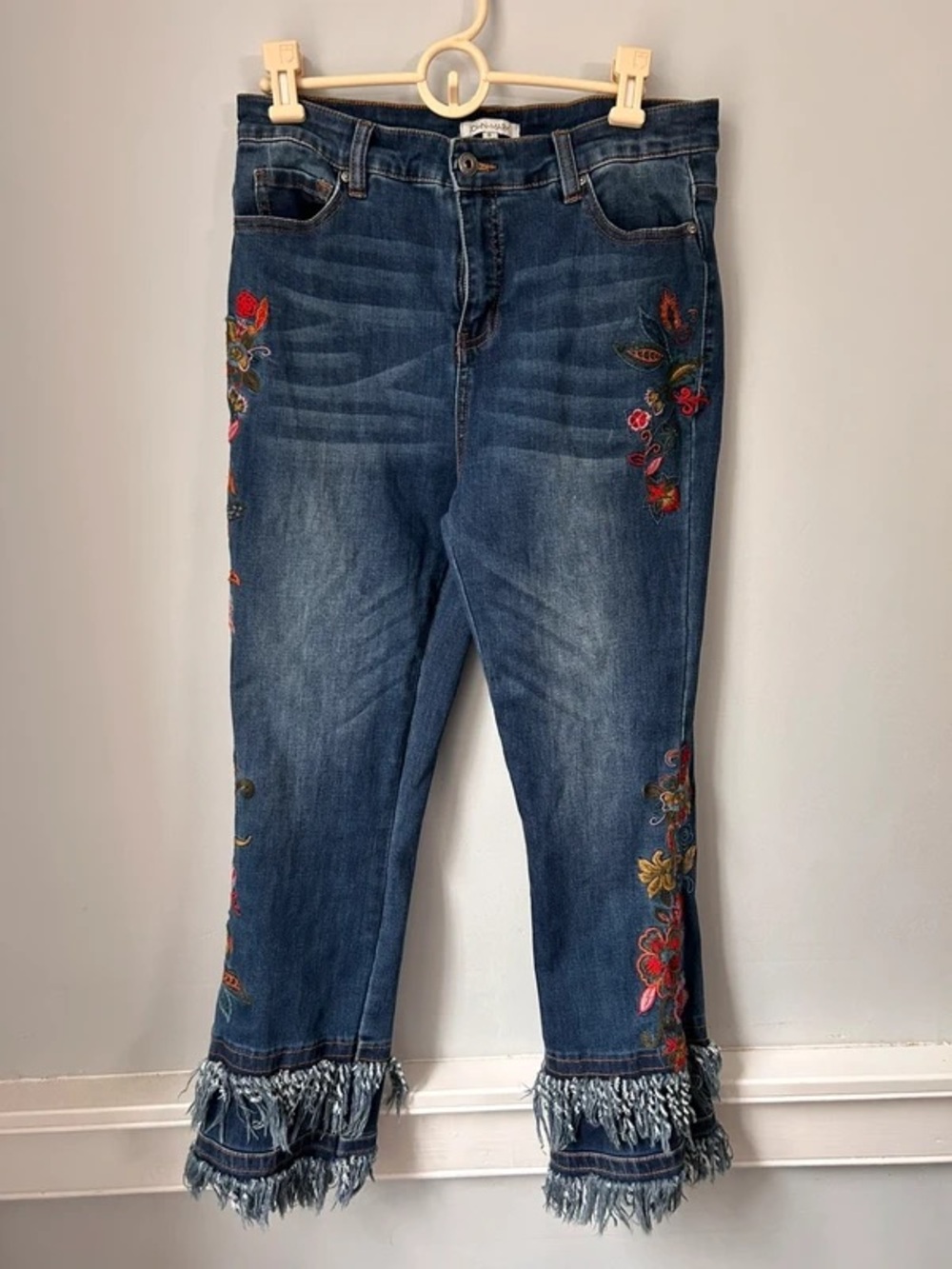 John Mark Embroidered Fringe Hem Dark Blue Women's Jeans